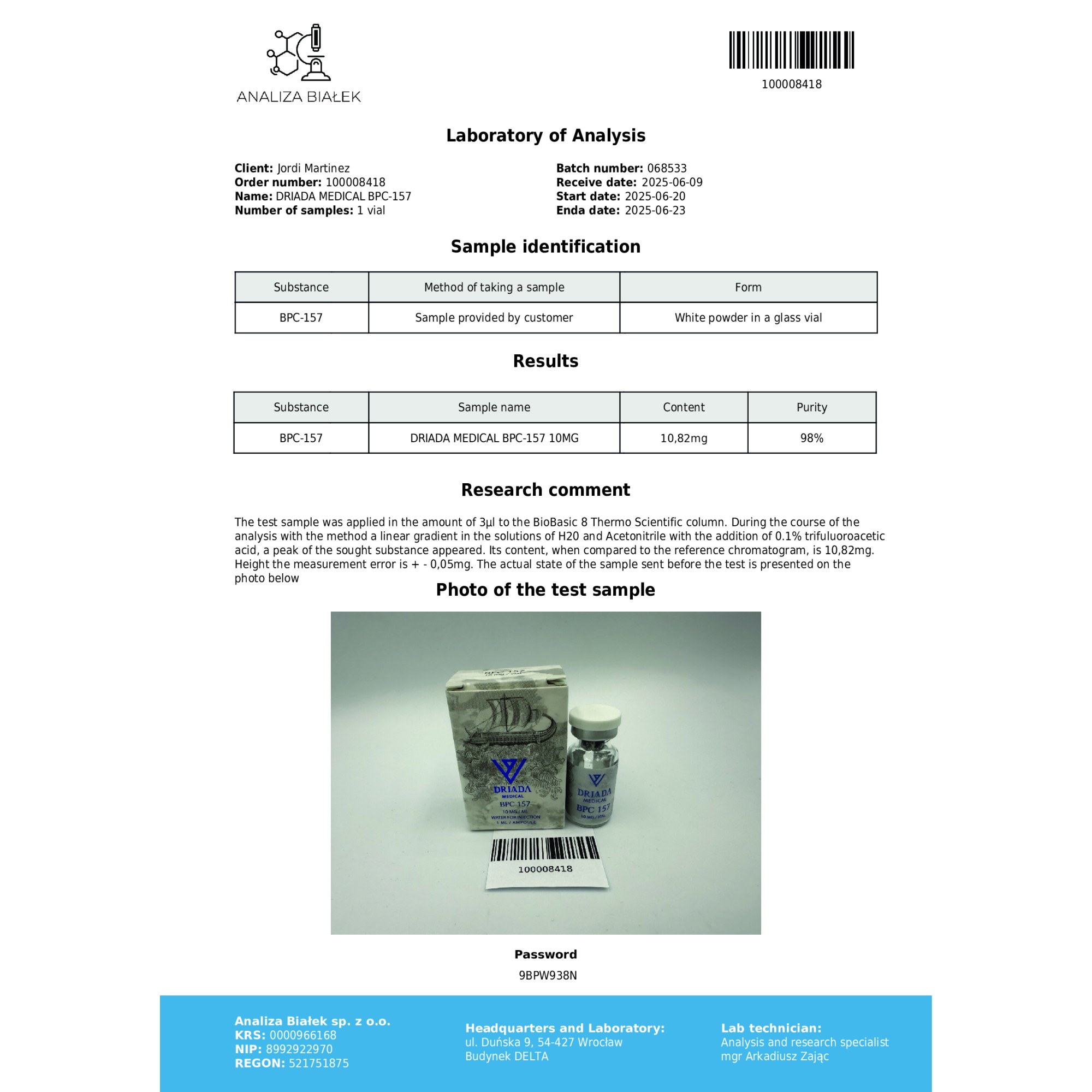 bpc 157 10mg/fiole + 1ml d'eau